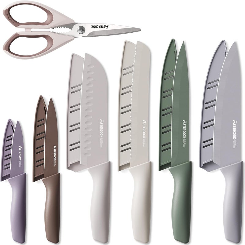Astercook Knife Set, 13 Pieces Kitchen Knives Set with Healthy Anti-Rust Coating, Dishwasher Safe, Stainless Steel Chef Knife Sets with 6 Blade Guards, Perfect Holiday Gifts for Kitchen Morandi - Image 1